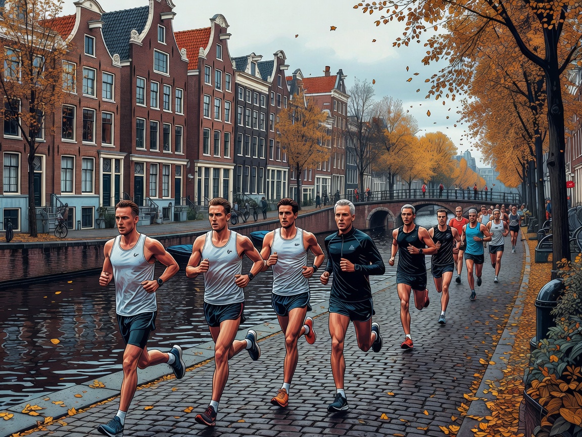 Illustrated runners following a canal-side city route representing the Amsterdam Marathon