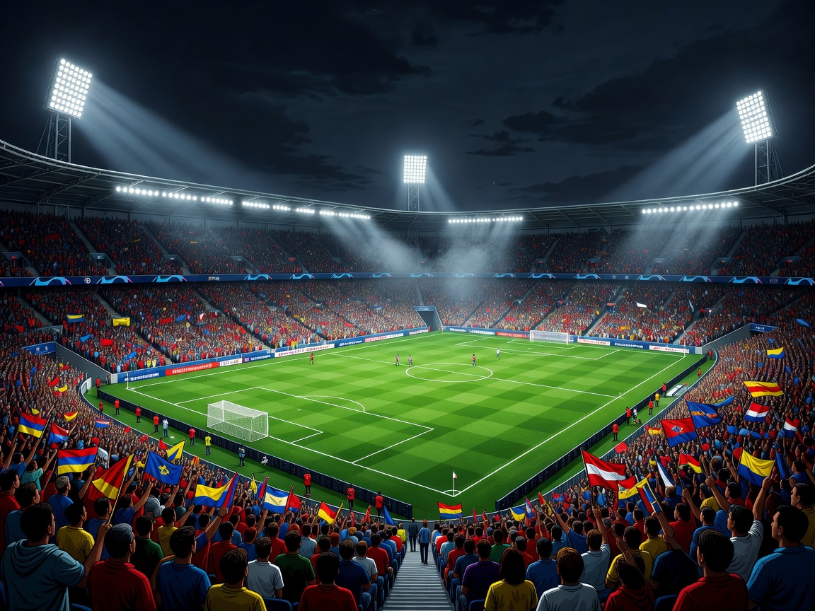 Illustrated European football stadium under floodlights for a UEFA Champions League match