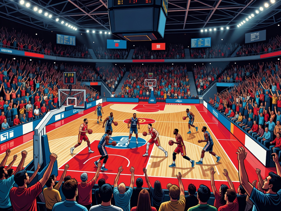 Illustrated indoor basketball arena representing a EuroLeague game