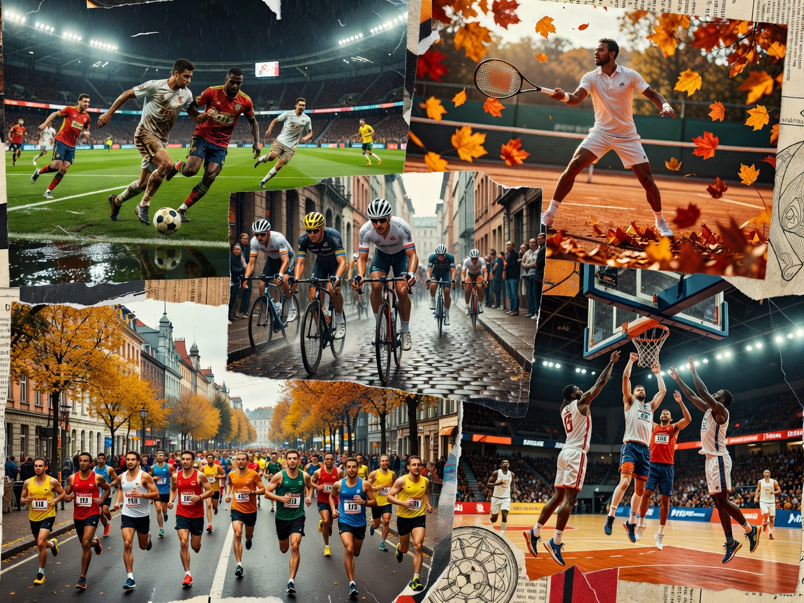 Collage representing football, tennis, cycling, running and basketball events in Europe