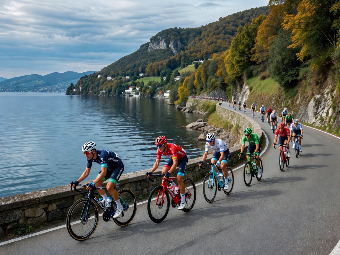 Illustrated racing bicycles on a steep lakeside road representing Il Lombardia