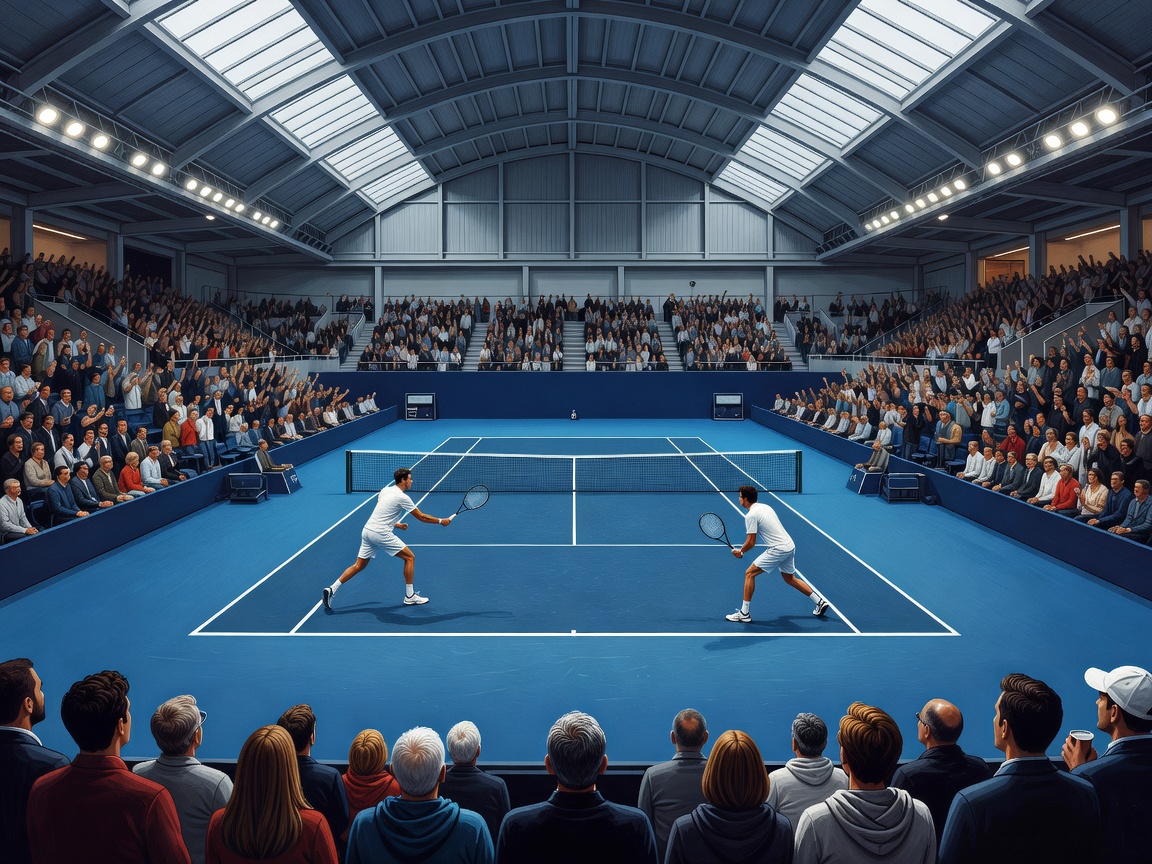 Illustrated indoor tennis court representing the Paris Masters